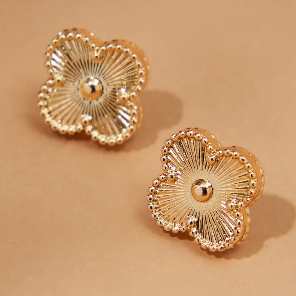 Gold Floral Stud Earrings - Picture 3 of 10
